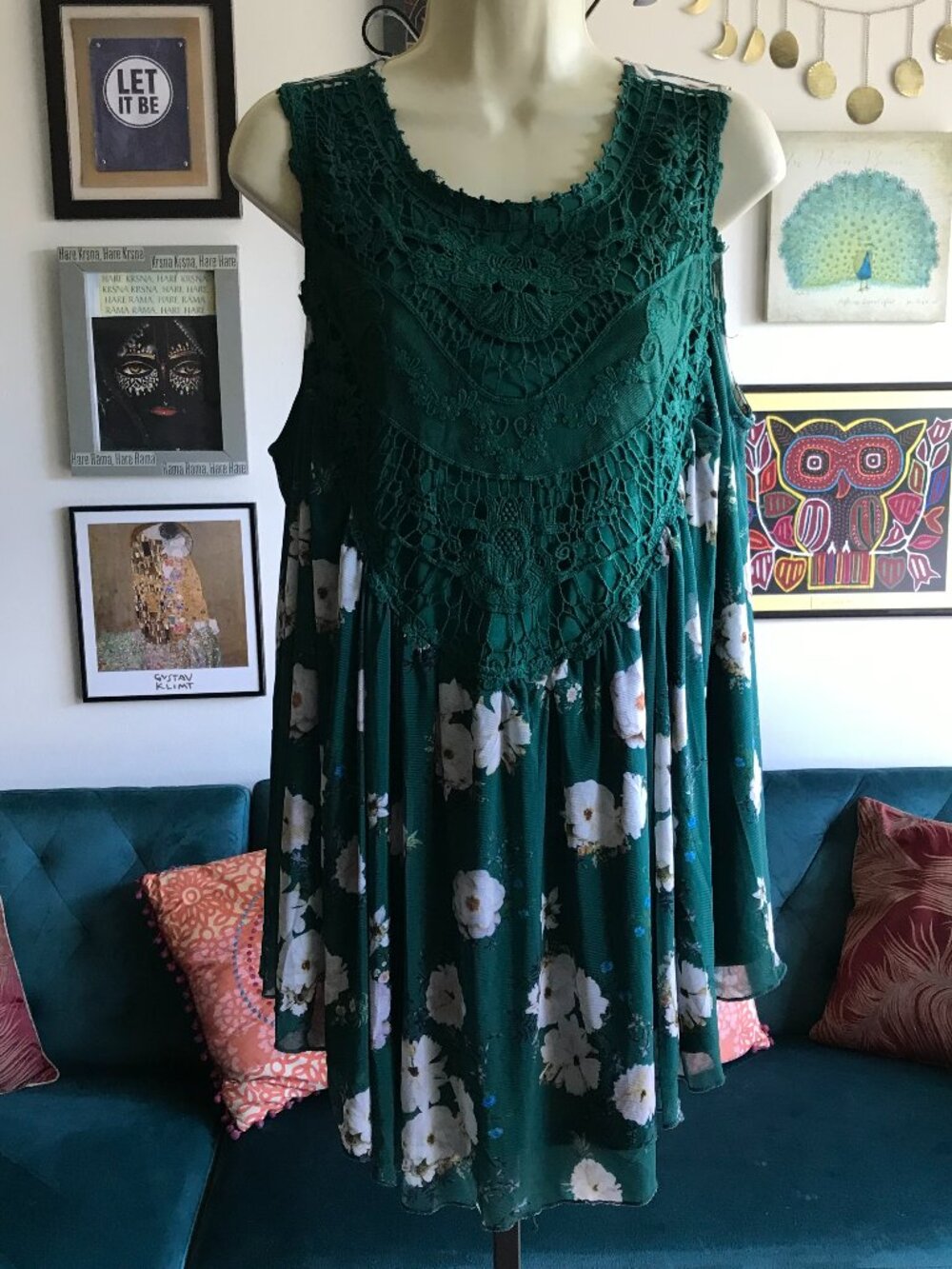 INDIGO THREAD CO size 1X Green Floral Crochet Lace Mesh Babydoll Tunic Boho Chic